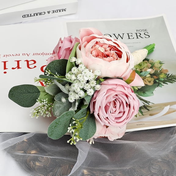 Set of 6 Bridesmaid Bouquets, Artificial Silk Wedding Flower Arrangements for Party Ceremony Anniversary Marriage Proposal Bridal Shower Decorations - Dusty Pink