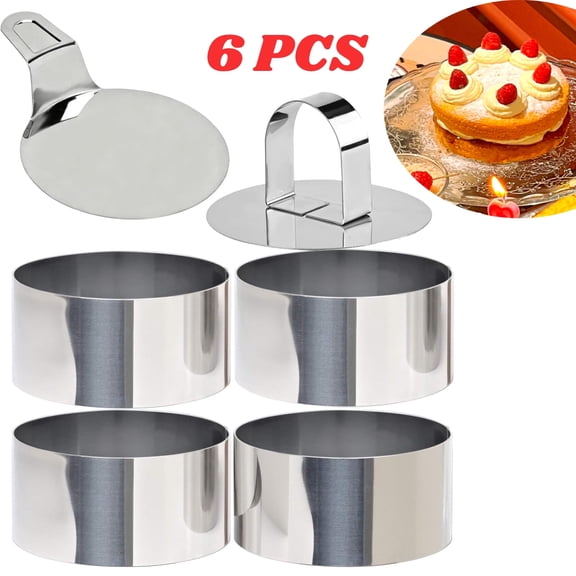 Set of 6, Cake Ring Molds, Seamless Stainless Steel Cake Cutter For Baking, 3 inch Cooking Rings with Pusher & Lifter, Dessert Mousse Molds Baking Tools