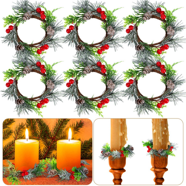 Set of 6 Christmas Candle Rings Candle Wreaths Red Berry with Grass