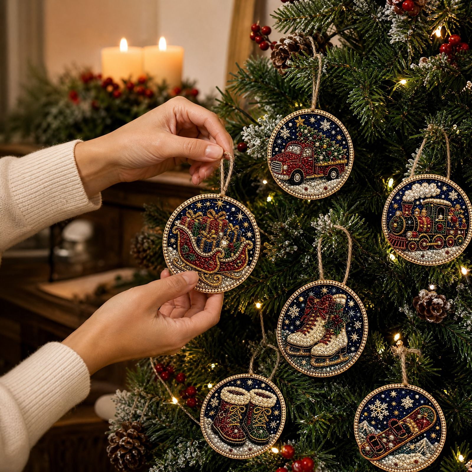Set of 6 Christmas Diamond Art Hanging Ornaments with Pearl Texture ...