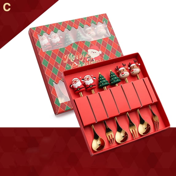 Set of 6 Christmas Fork and Spoon Utensils in a Gift Box – Food-Grade Stainless Steel with Festive Xmas Charm Toppers and Long Handles – Perfect Festival Gift