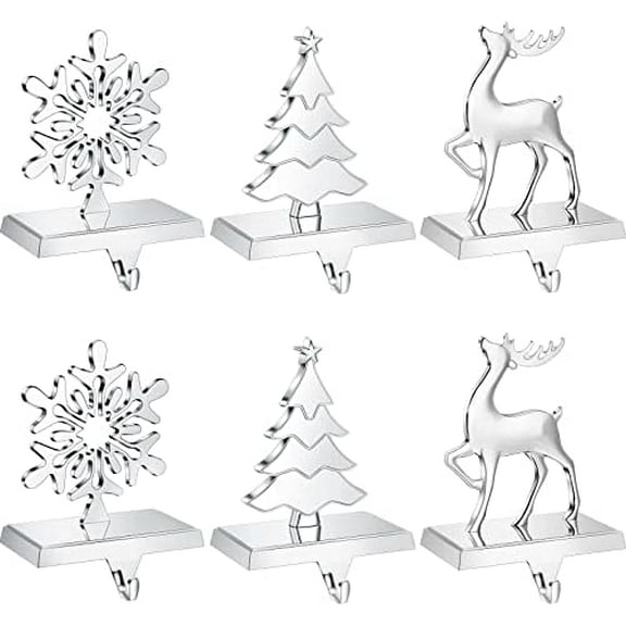 Set of 6 Christmas Metal Stocking Holders Standing Stocking Hook Snowflake Reindeer Tree Stocking Holder Hooks for Mantel Fireplace Christmas Hooks for Stockings Silver Stocking Hangers Decoration