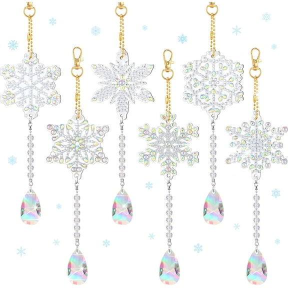 Set of 6 Christmas Snowflake Diamond Art Kits Double Sided Winter Diamond Wind Chimes Art for Window Christmas Tree Decoration Snowflake Suncatchers for DIY Crafts Wonderland Decoration