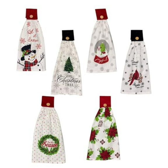 Set of 6, Christmas Tie Kitchen Towels 100% Cotton, Snowman Happy Holiday Wishes, Cardinal, Red Poinsettia Flower, Believe in The Magic of Christmas.Size: 16" x 18" x 3.5". (Design A)