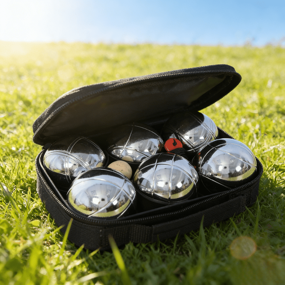 Set of 6 Classic Boules Boccia Game 2.75in 1.5lb Metal Balls Wooden Jack Outdoor Lawn Backyard Beach Family Party Adult Precision Sport Measure Tool Heavy Duty Pattern Lines Tri Color Kit Play