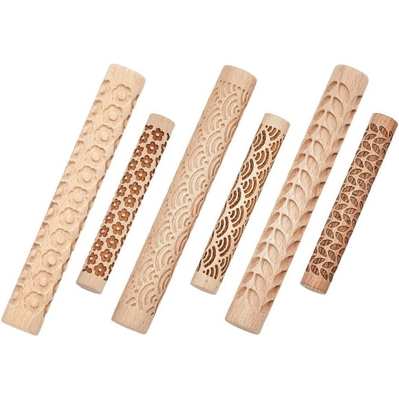 Set of 6 Clay Modeling Pattern Rollers Kit 3 Style Flower Sea Wave Leave Textured Rolling Pins Potters Stamp Roller Tools for Ceramic Slabs Glaze Design Painting Handmade 5.91/3.94 Inch