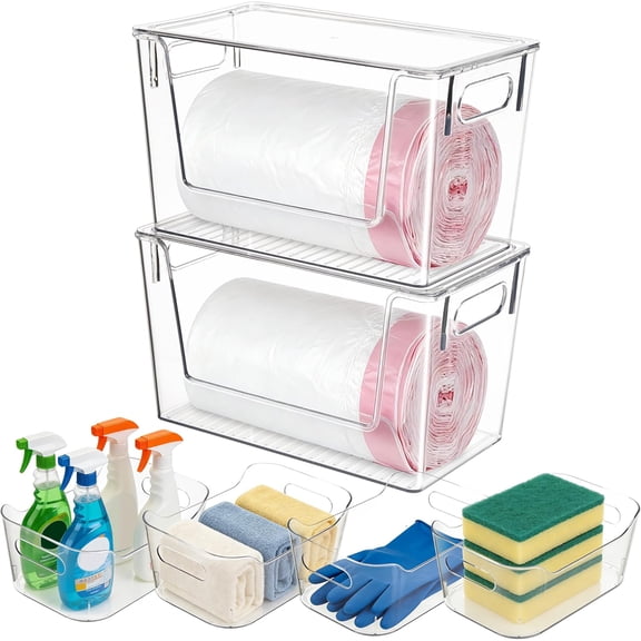 Set of 6 Clear Plastic Storage Bins, 2 Large Stackable Oraganizer with Open Front & Lid, 4 Small Storage Container for Pantry Organization, Multi-Use Organizer Bins for Home, Kitchen, Cabinet