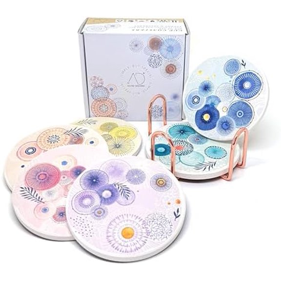 Set of 6 Coasters for Drinks Absorbing Round Ceramic Stone Coaster with Cork Base Tabletop Protection Mat for Mugs and Cups,Office,Kitchen (Color Droplets with Rose Gold Holder)