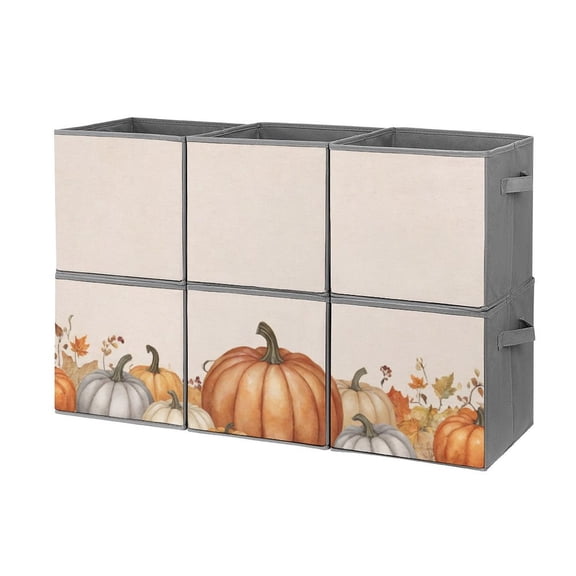 Set of 6 Collapsible Oxford Fabric Storage Cubes with Handles, Foldable Closet Organizer Bins for Clothes, Toys, Shelves, Home & Kitchen Autumn Pumpkins