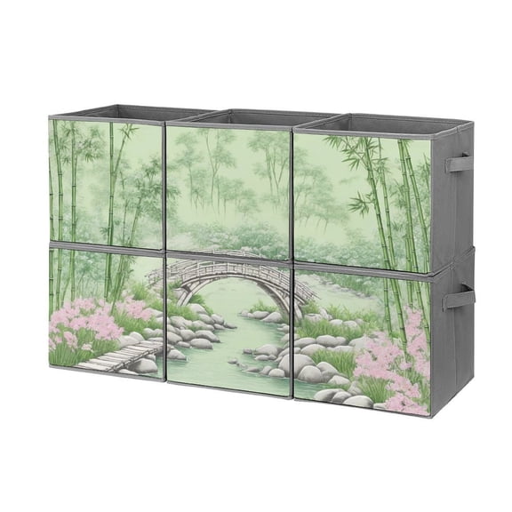 Set of 6 Collapsible Oxford Fabric Storage Cubes with Handles, Foldable Closet Organizer Bins for Clothes, Toys, Shelves, Home & Kitchen Bamboo Wooden Bridge