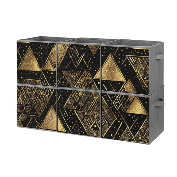 Set of 6 Collapsible Oxford Fabric Storage Cubes with Handles, Foldable Closet Organizer Bins for Clothes, Toys, Shelves, Home & Kitchen Black Gold Geometric Patterns