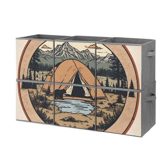 Set of 6 Collapsible Oxford Fabric Storage Cubes with Handles, Foldable Closet Organizer Bins for Clothes, Toys, Shelves, Home & Kitchen Brown Tent Wilderness