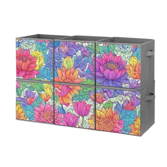 Set of 6 Collapsible Oxford Fabric Storage Cubes with Handles, Foldable Closet Organizer Bins for Clothes, Toys, Shelves, Home & Kitchen Colorful Floral