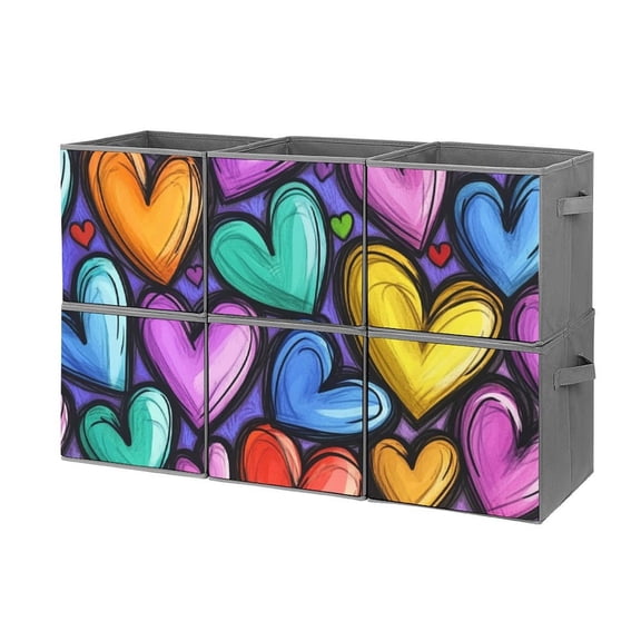 Set of 6 Collapsible Oxford Fabric Storage Cubes with Handles, Foldable Closet Organizer Bins for Clothes, Toys, Shelves, Home & Kitchen Colorful Love Hearts