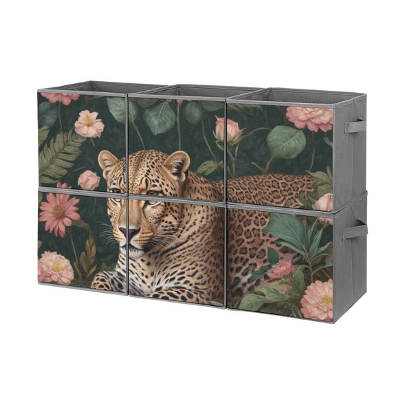 Set of 6 Collapsible Oxford Fabric Storage Cubes with Handles, Foldable Closet Organizer Bins for Clothes, Toys, Shelves, Home & Kitchen Jungle Tiger Majesty