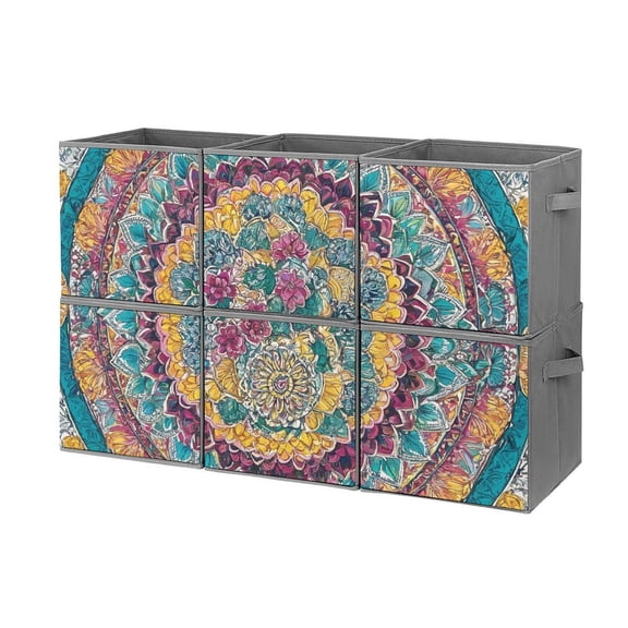 Set of 6 Collapsible Oxford Fabric Storage Cubes with Handles, Foldable Closet Organizer Bins for Clothes, Toys, Shelves, Home & Kitchen Mandala with Floral Elements
