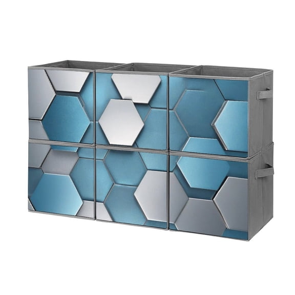 Set of 6 Collapsible Oxford Fabric Storage Cubes with Handles, Foldable Closet Organizer Bins for Clothes, Toys, Shelves, Home & Kitchen Metallic Hexagonal Blue Silver