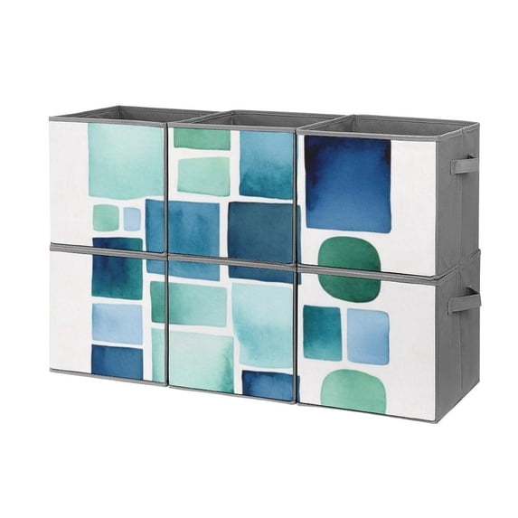 Set of 6 Collapsible Oxford Fabric Storage Cubes with Handles, Foldable Closet Organizer Bins for Clothes, Toys, Shelves, Home & Kitchen Mixed Aqua Grid