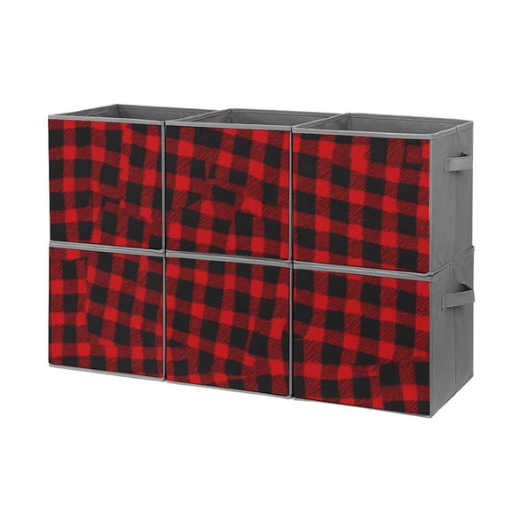 Set of 6 Collapsible Oxford Fabric Storage Cubes with Handles, Foldable Closet Organizer Bins for Clothes, Toys, Shelves, Home & Kitchen Red Plaid Boldness