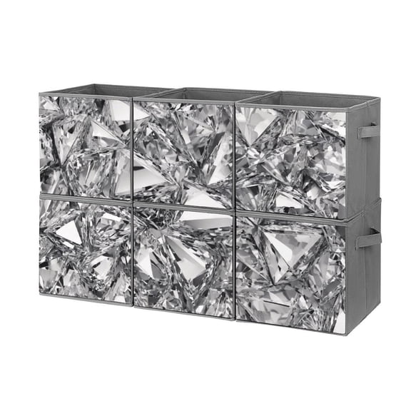 Set of 6 Collapsible Oxford Fabric Storage Cubes with Handles, Foldable Closet Organizer Bins for Clothes, Toys, Shelves, Home & Kitchen Silver Diamonds