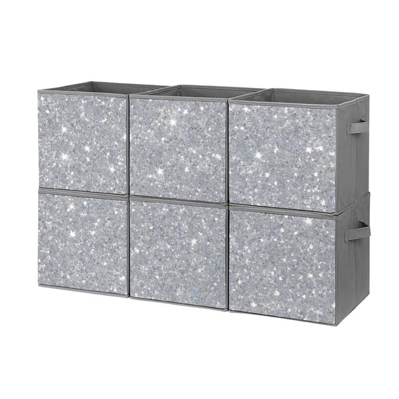Set of 6 Collapsible Oxford Fabric Storage Cubes with Handles, Foldable Closet Organizer Bins for Clothes, Toys, Shelves, Home & Kitchen Silver Glitter