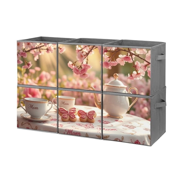 Set of 6 Collapsible Oxford Fabric Storage Cubes with Handles, Foldable Closet Organizer Bins for Clothes, Toys, Shelves, Home & Kitchen Tea Party Scene
