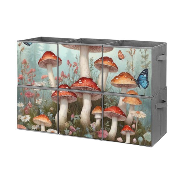 Set of 6 Collapsible Oxford Fabric Storage Cubes with Handles, Foldable Closet Organizer Bins for Clothes, Toys, Shelves, Home & Kitchen Whimsical Mushroom Fantasy