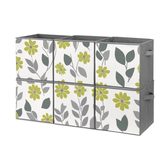 Set of 6 Collapsible Oxford Fabric Storage Cubes with Handles, Foldable Closet Organizer Bins for Clothes, Toys, Shelves, Home & Kitchen Yellow Flowers Gray Leaves