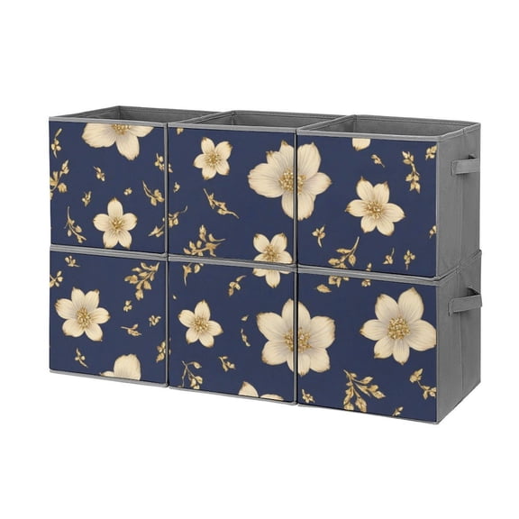 Set of 6 Collapsible Oxford Fabric Storage Cubes with Handles, Foldable Closet Organizer Bins for Clothes, Toys, Shelves, Home & Kitchen Yellow Flowers Navy