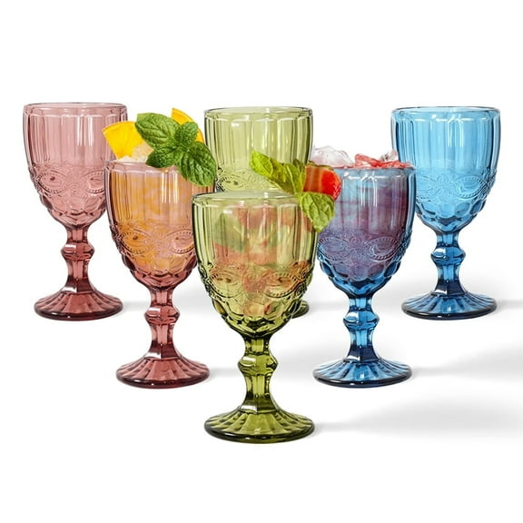 AGH 11 oz Vintage Glassware Embossed Pattern, Colored Goblets Wine Glasses Set of 6