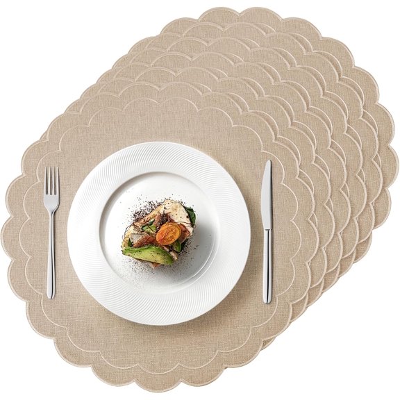 Set of 6 Cotton Linen Placemats, 15 Inch Linen Color Scalloped Flower Embroidery Cloth Table Mats Double Layered Fabric Machine Washable Wrinkle Free Dining Placemat for Hotel Restaurant Kitchen