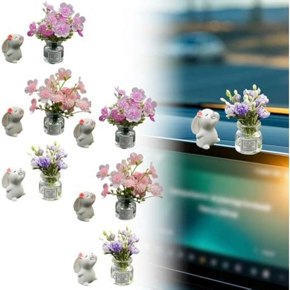 Set of 6 Cute Mini Bunny and Peach Blossom in Flower Vase, Car Rearview Mirror Ornaments, Funny Dashboard Decorations, Car Interior Accessories for Women Gifts (B)