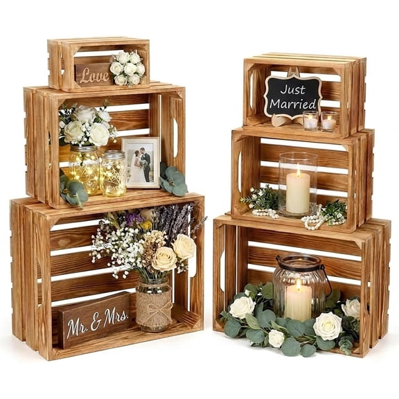 Set of 6 Decorative Crates for Display, 6 Size Wooden Baskets Rustic Nesting Crates Decor Boxes with Handle for Storage, Container, Display, Christmas Decorations