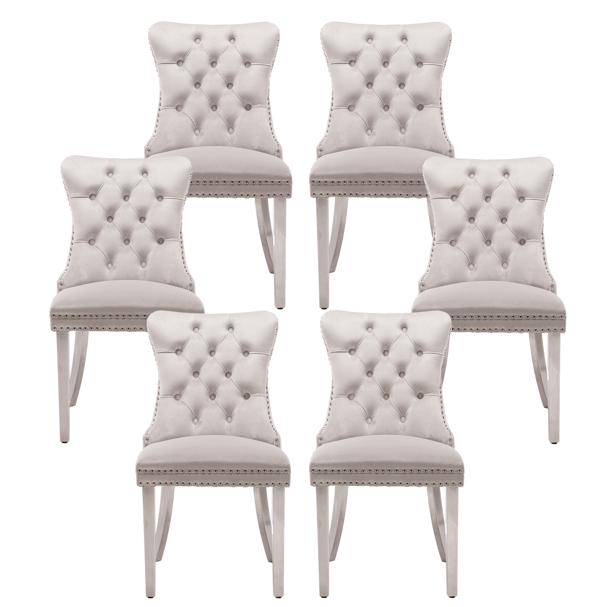 Set of 6 Dining Chairs Leisure Padded Chair, Tufted Solid Wood Velvet Upholstered Dining Chair with Nailhead Trim& Ring Pull for Kitchen, Living Room (Beige with Steel Leg)