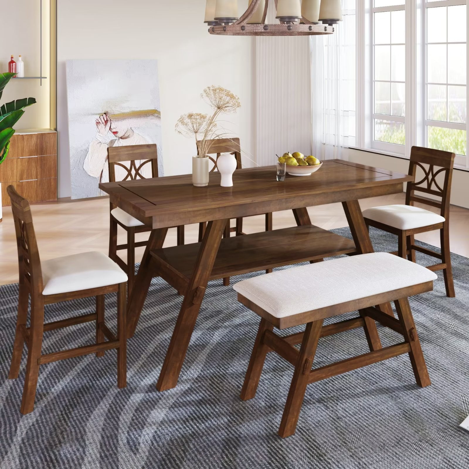 Set of 6 Dining Table Set, Counter Height Dining Table with Storage ...