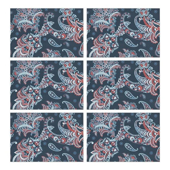 Set of 6 Durable Paisley Placemats, Flax Linen Table Mats Featuring Heat Resistant Wrinkle Free Finish with Colorful Boho Vintage Floral Mandala Patterns