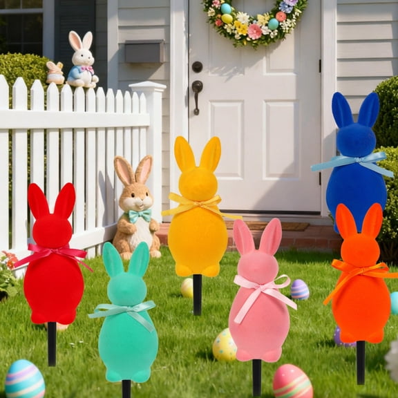 Set of 6 Easter Bunny Yard Signs Bunny Garden Lawn Signs Plastic Outdoor Lawn Sign White Rabbits Yard Decoration with Stakes for Easter Party Supplies Photo Props Patio Walkway