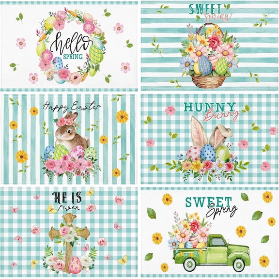 Set of 6 Easter Placemats 12x18 Inches Easter Table Mats Spring Flower Bunny Place Mats Rustic Farmhouse Buffalo Plaid Rabbit Truck Cross Place Mats for Home Kitchen Dining Table Decoration