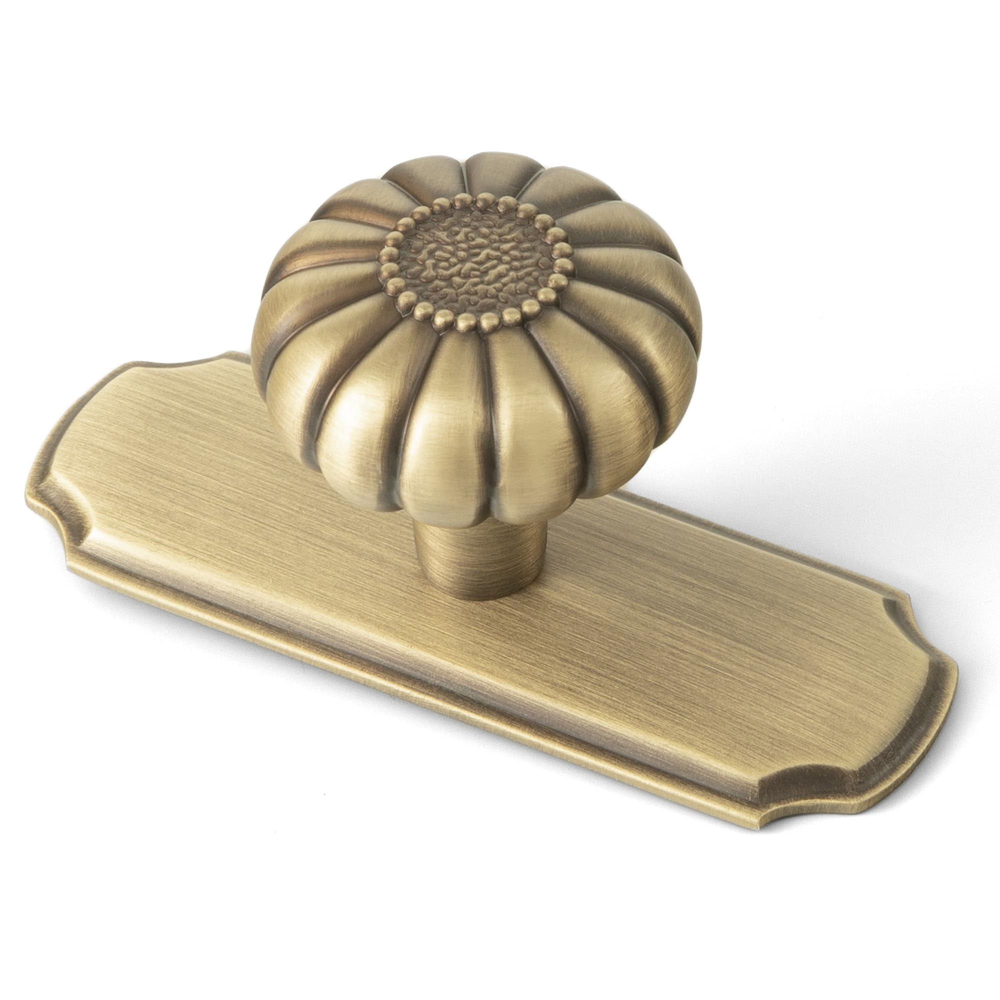 Set of 6 - Elegant Vintage Bloom Antique Brass Cabinet Knobs with Backplate, Drawer Pulls for Kitchen, Dresser Cabinet Hardware for Bedroom, 1-1/4 Inches Diameter Handles
