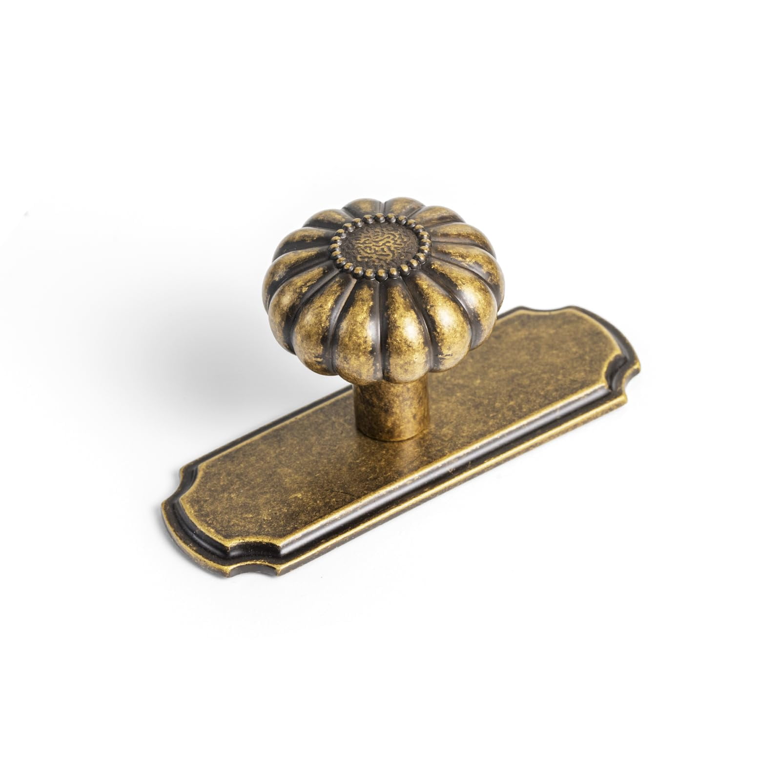 Set of 6 - Elegant Vintage Bloom Antique Brass Cabinet Knobs with Backplate, Drawer Pulls for Kitchen, Dresser Cabinet Hardware for Bedroom, 1-1/4 Inches Diameter Handles