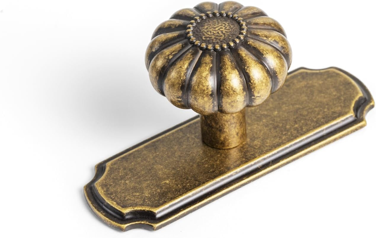 Set of 6 - Elegant Vintage Bloom Antique Brass Cabinet Knobs with Backplate, Drawer Pulls for Kitchen, Dresser Cabinet Hardware for Bedroom, 1-1/4 Inches Diameter Handles