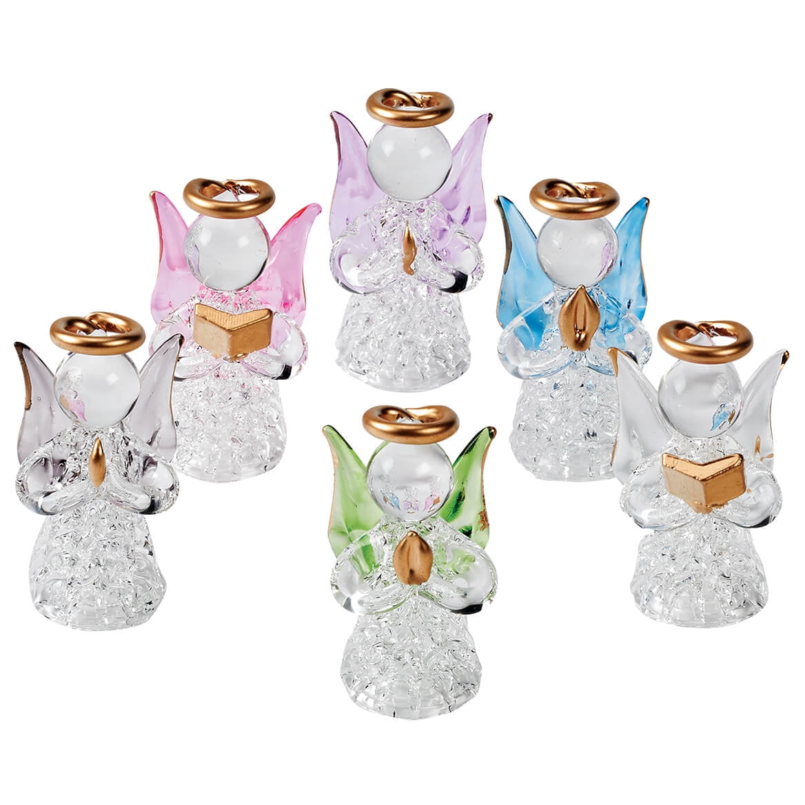 Set of 6 Multicolor Glass Angel Figurines with Golden Halo