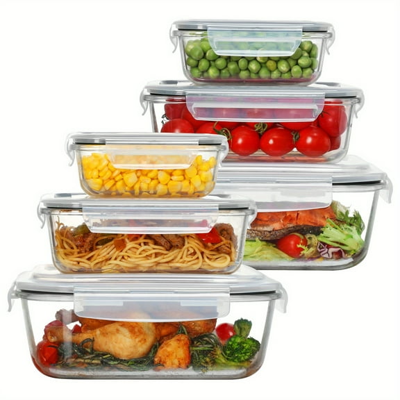 Set of 6 Extra Large Glass Food Storage Containers, 2.26L /76oz, Airtight Snap Lock Lids, Microwave Oven Freezer Safe, for Meal Prep, Lunch Kitchen Storage