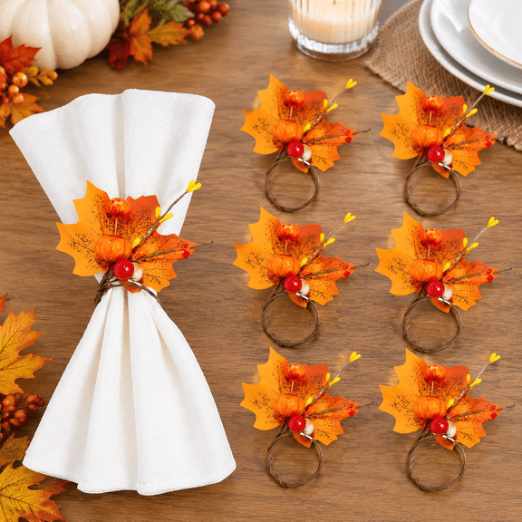 Set of 6 Fall Napkin Rings Thanksgiving Artificial Pumpkin Maple Leaves Berry Napkin Holder for Fall Gathering Table Decor, Wedding, Fall Banquet, Holiday Party Dinner Table Decorations