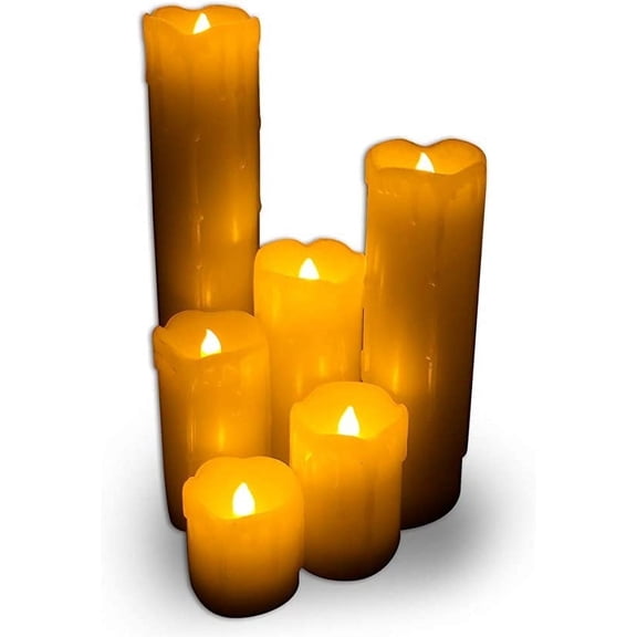 Set of 6 - Flameless Timer LED Flickering Melting and Gothic Waxy Vintage Pillar Candle Light, Realistic Ivory Warm White Window Candles, Halloween Decoration - Battery Operated + Included