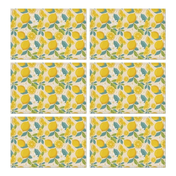 Set of 6 Flax Linen Lemon Placemats, Heat Resistant and Wrinkle Free, Yellow Fruit Design for Dining Table, Perfect for Lemon Lovers and Fresh Kitchen Decor