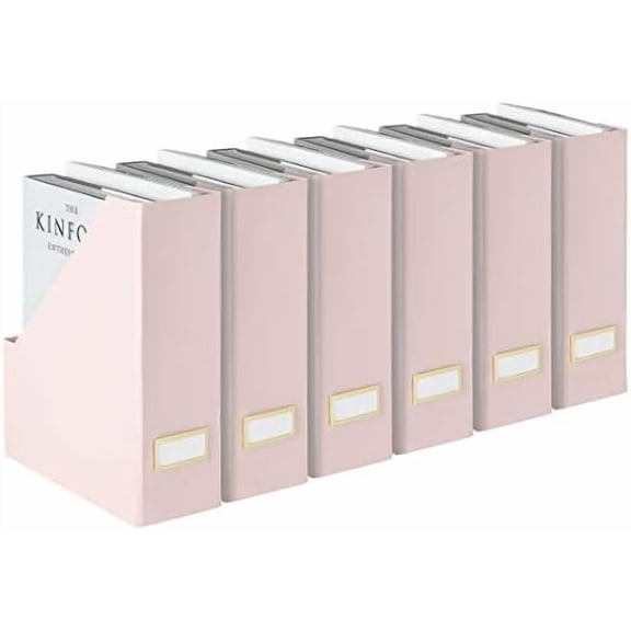 Set of 6 Foldable Pink Magazine Holder with Gold Label Holders – Cute Stylish Magazine Storage for Shelves, and Closets – Book Bins, File Desk Organizer, and Document Storage
