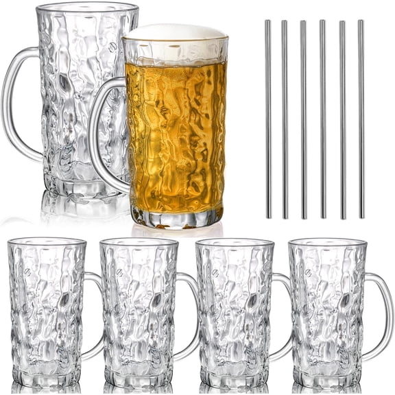 Set of 6 Glass Beer Mug, 18 Oz Large Beer Glasses with Handle Straw, Solid Clear Drinking Glassware Beer Cups for Freezer, Great for Cocktail, Juice, Soda, Beer, Whiskey, Beverage