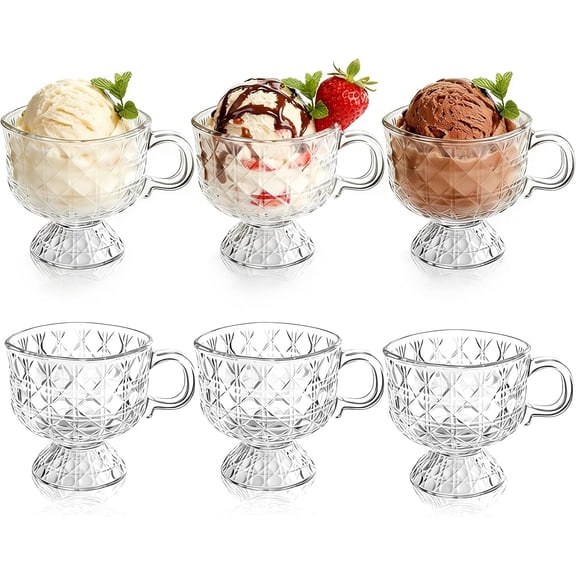 Set of 6 Glass Dessert Bowl, 8 Oz Glass Ice Cream Cups with Handle, Vintage Diamond Pattern Footed Sundae Cup Pudding Dishes for Parfait, Trifle, Fruit, Appetizer