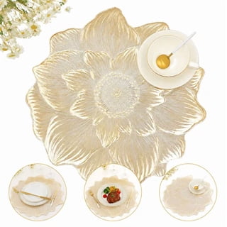 Set of 6 Gold 3D Flower Placemats, Waterproof Oil-Proof Metallic Round Decorative Table Mats, Fancy Gold Placemats for Wedding Holiday Indoor Outdoor Table Decor